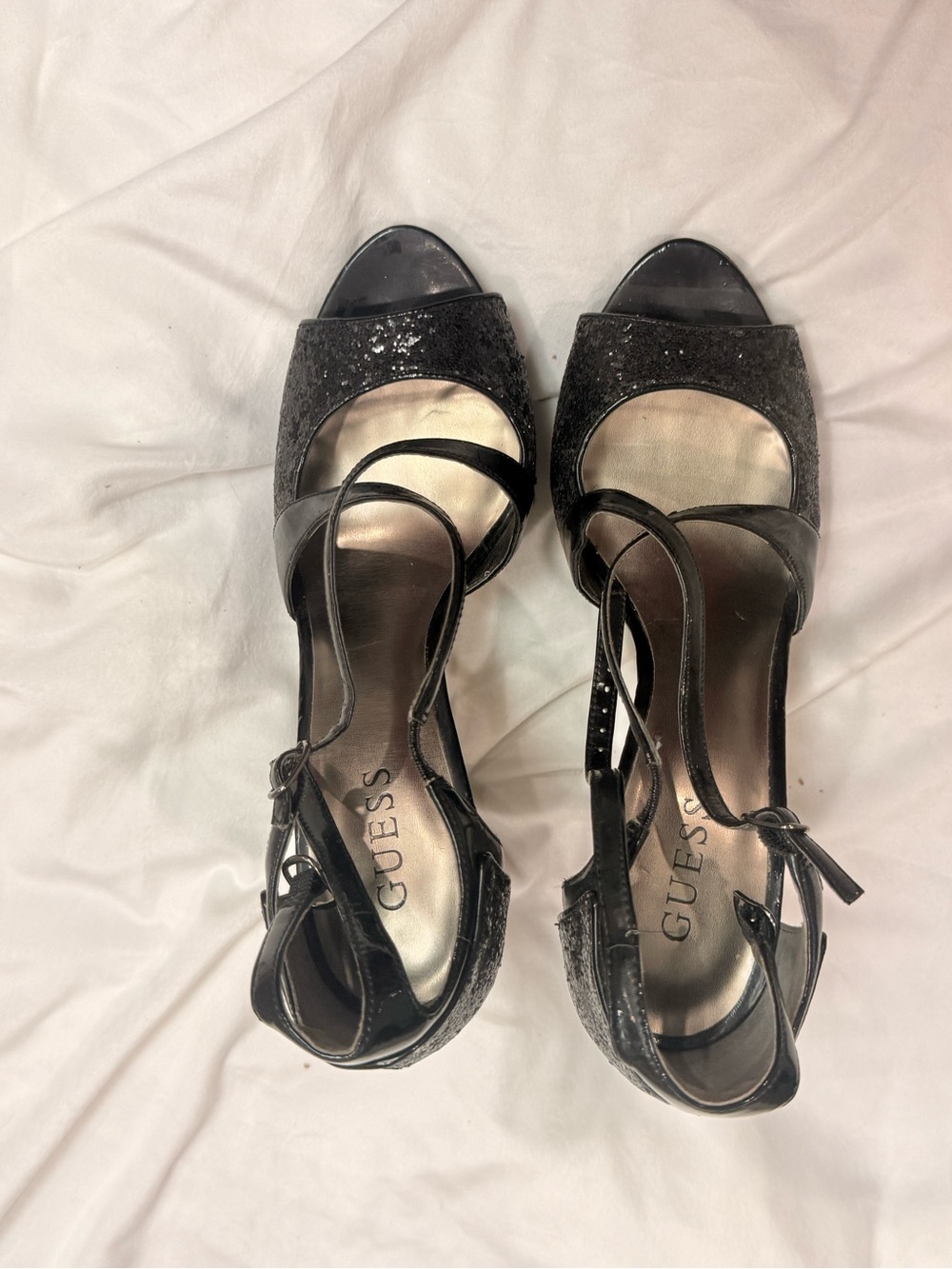 GUESS Black Glitter Open-Toe Ankle-Strap Heels